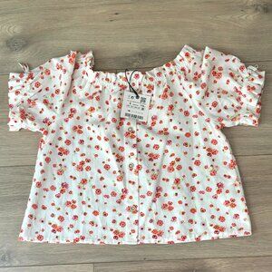 NWT ZARA Girl's Floral Puff Sleeve Button Down Cropped shirt - Size 6
